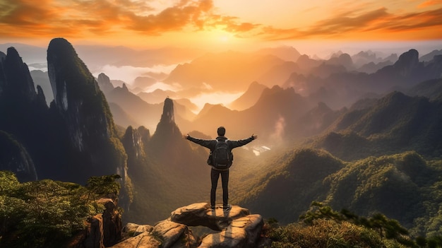 un touriste est deboutAprès avoir conquis avec succès le picmontagneZhangjiajie