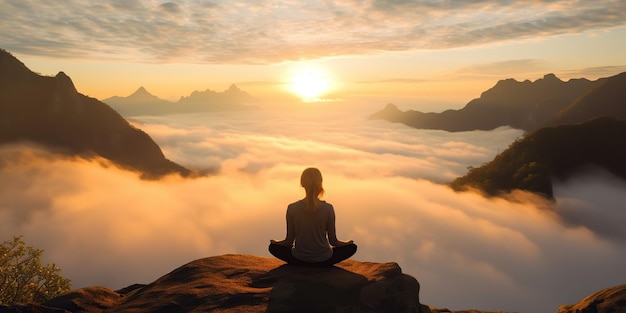 Touriste femme faisant de l'exercice faisant du yoga Pratique du yoga calme et de la montagne En face est une mer de méditation de brume