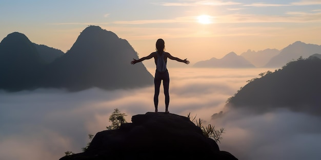 Touriste femme faisant de l'exercice faisant du yoga Pratique du yoga calme et de la montagne En face est une mer de méditation de brume