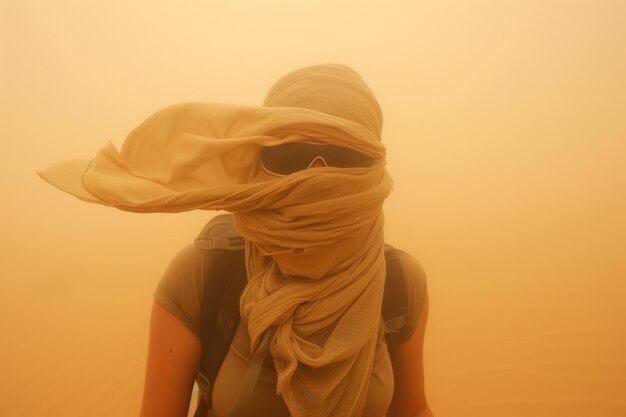 Photo touriste avec un foulard couvrant le visage contre une tempête de sable