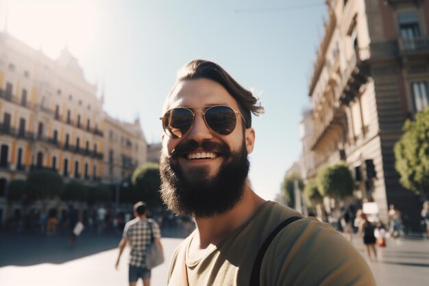 Touriste heureux en lunettes de soleil à Barcelone Espagne Homme souriant prenant selfie dans la rue de la ville Tourisme et vacances concept IA générative