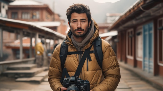 Touriste masculin avec un appareil photo en arrière-plan de la ville