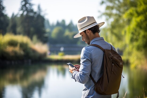 Touriste masculin regardant la carte sur son smartphone au bord du lac pendant la journée