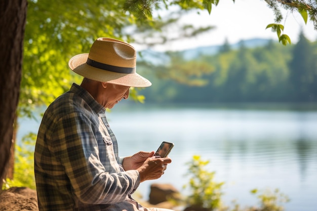 Touriste masculin senior regardant une carte sur un smartphone au bord du lac pendant la journée