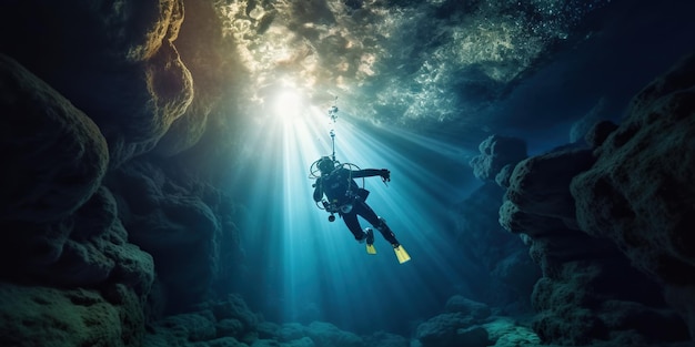 Un touriste plonge dans une grotte avec un faisceau de lumière qui brille sur lui.