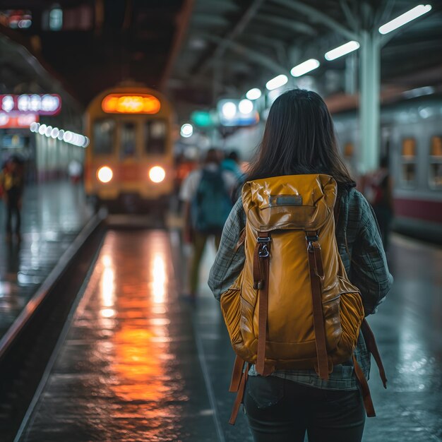 une touriste portant un sac à dos attendant le train à la gare.