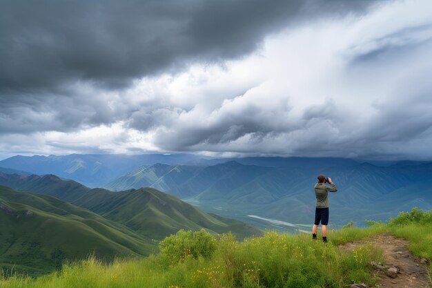 Touriste prenant une photo d'une chaîne de montagnes avec un ciel nuageux créé avec une IA générative