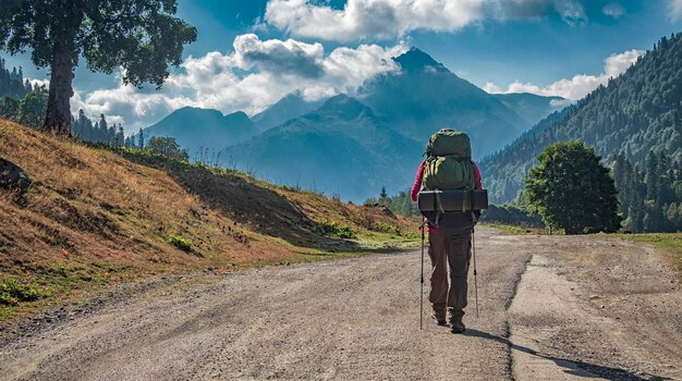 Touriste avec sac à dos et bâtons de trekking sur la route au fond des montagnes à la journée ensoleillée