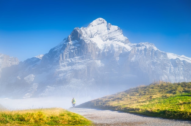 Touriste avec un sac à dos dans les montagnes Randonnée en montagne en haute montagne Voyage et aventure Vie active Paysage en été