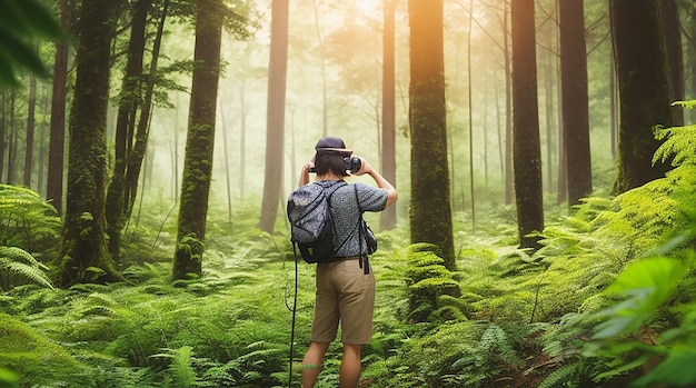 Un touriste se tient au milieu d'une forêt d'été luxuriante caméra à la main prêt à prendre une photo