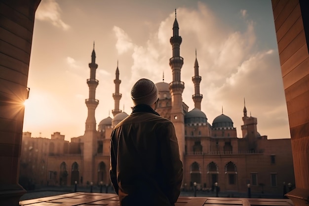 Un touriste se tient près d'une mosquée Generative AI