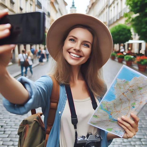 Une touriste souriante tenant une carte et prenant un selfie