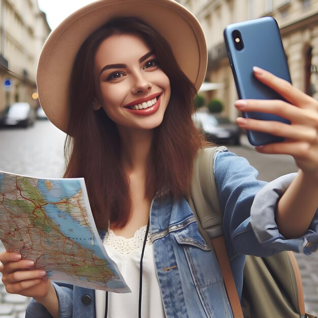Une touriste souriante tenant une carte et prenant un selfie