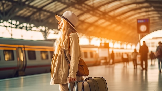 Touriste voyageur femme marchant avec des bagages à la gare concept de mode de vie actif et voyage