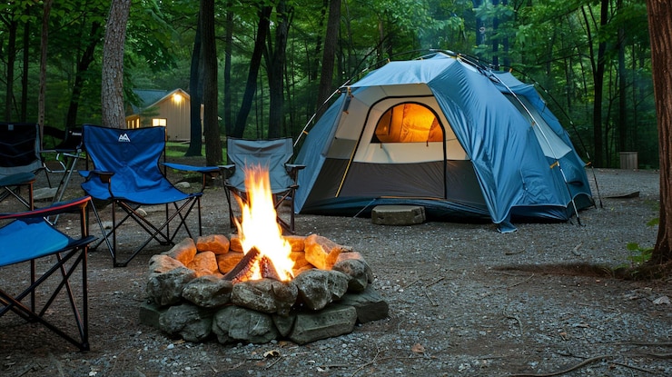 Photo des touristes campent avec une tente près d'un feu dans la forêt près du lac.