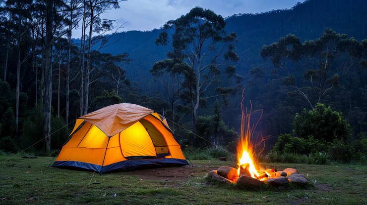 Photo des touristes campent avec une tente près d'un feu dans la forêt sous le ciel étoilé