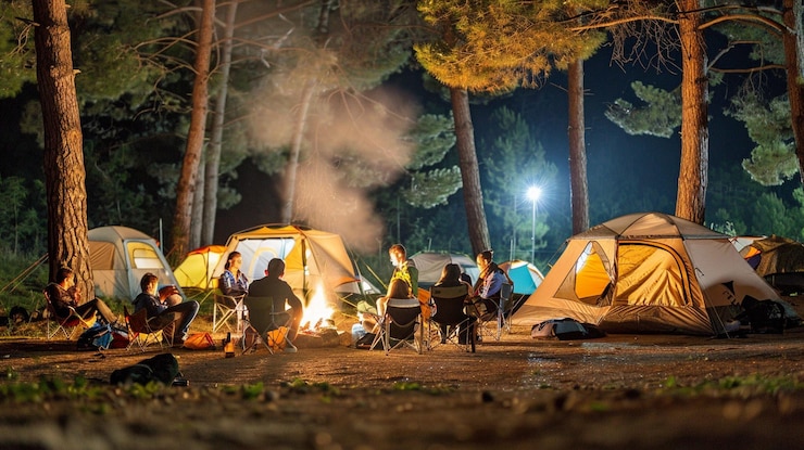 Photo des touristes campent avec une tente près d'un feu dans la forêt.