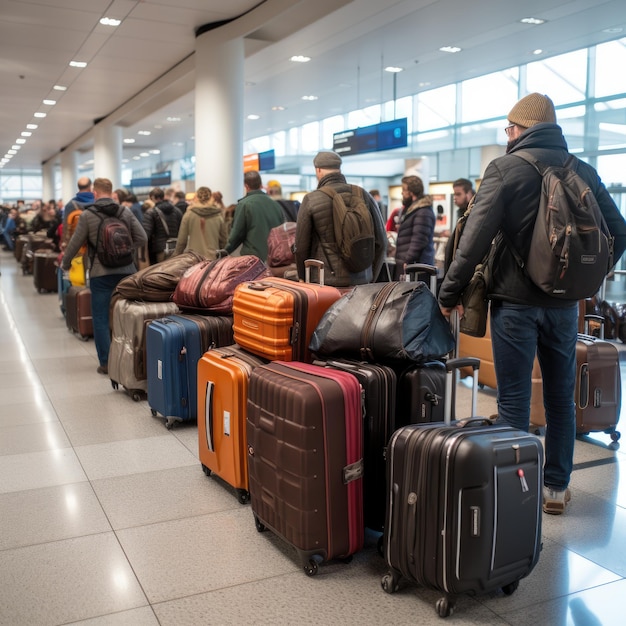 Touristes debout avec des bagages en file d'attente dans le terminal de l'aéroport généré par l'IA