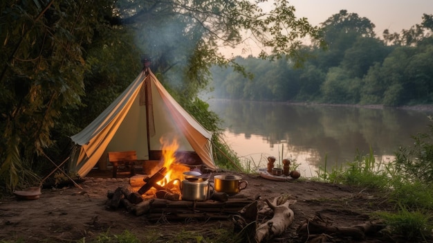 Les touristes installent un campement au bord de la rivière Se reposant sur le lac près du feu de camp