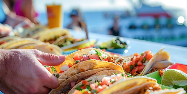 Des touristes mangeant de délicieux tacos traditionnels mexicains dans une croisière.