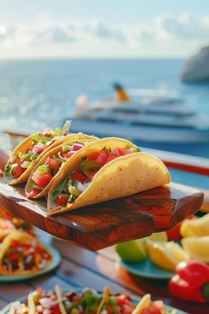 Des touristes mangeant de délicieux tacos traditionnels mexicains dans une croisière.