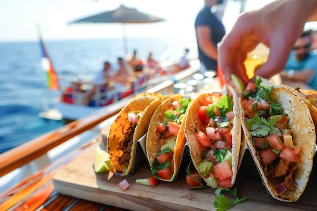 Des touristes mangeant de délicieux tacos traditionnels mexicains dans une croisière.