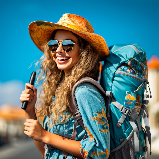 Photo les touristes ont à la main une carte de voyage heureuse et un sac à dos.