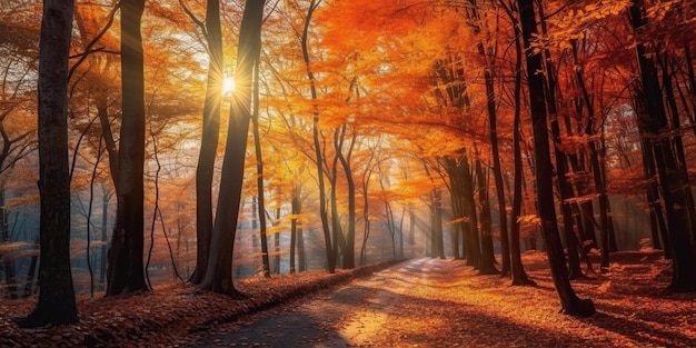 Les touristes parcourent l'incroyable forêt d'automne au lever du soleil, les feuilles rouges et jaunes sur les arbres de la forêt, le paysage forestier doré.