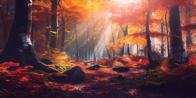 Les touristes parcourent l'incroyable forêt d'automne au lever du soleil, les feuilles rouges et jaunes sur les arbres de la forêt, le paysage forestier doré.