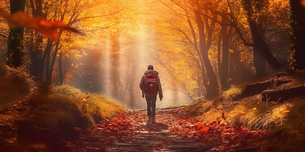 Les touristes parcourent l'incroyable forêt d'automne au lever du soleil, les feuilles rouges et jaunes sur les arbres de la forêt, le paysage forestier doré.