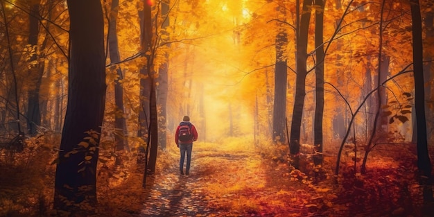 Les touristes parcourent l'incroyable forêt d'automne au lever du soleil, les feuilles rouges et jaunes sur les arbres de la forêt, le paysage forestier doré.