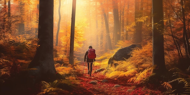 Les touristes parcourent l'incroyable forêt d'automne au lever du soleil, les feuilles rouges et jaunes sur les arbres de la forêt, le paysage forestier doré.