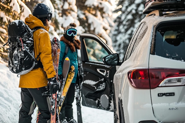 Photo touristes en plein air avec l'équipement de la voiture skis et snowboards