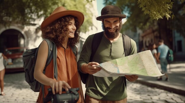 Les touristes posent avec la caméra et la carte