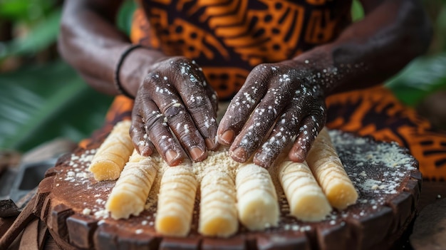Photo les touristes préparent une tarte au manioc les racines de manioc sont broyées à l'aide d'outils autochtones traditionnels