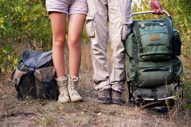 Touristes sur la route près de la forêt