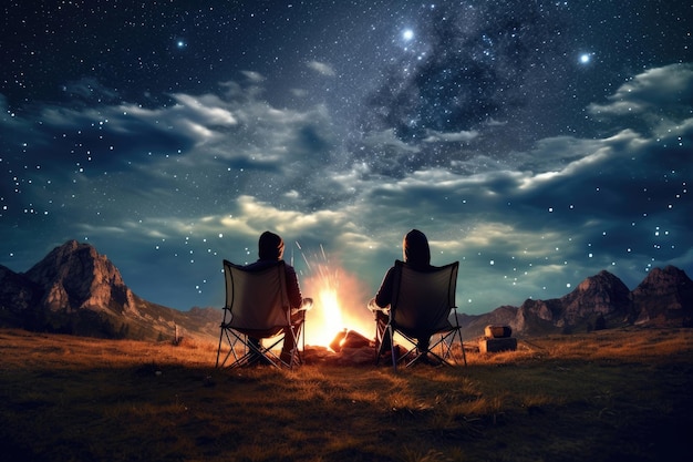 Les touristes s'assoient autour d'un feu de camp flamboyant près des tentes sous un ciel nocturne
