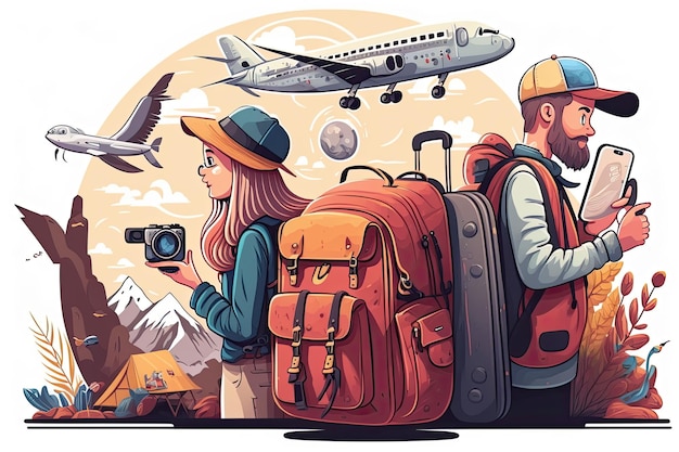 Les touristes et les voyageurs amoureux des personnages heureux avec des sacs à dos, une carte des bagages et des appareils photo voyagent à travers le monde lune de miel Fabriqué par AIIntelligence artificielle