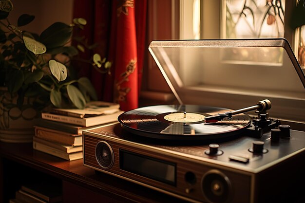 Un tourne-disque assis sur une table en bois