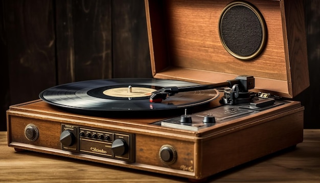 Un tourne-disque avec une caisse en bois et le mot "le disque" sur le devant.