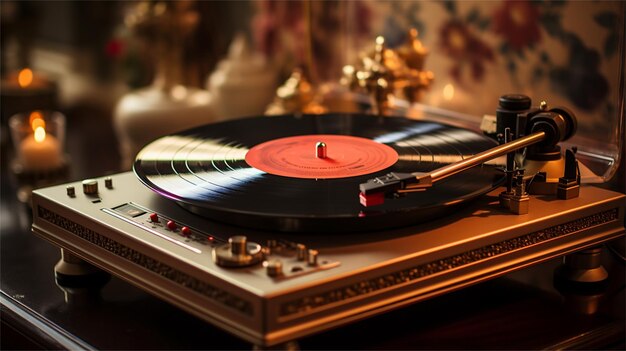 Tourne-disque avec un disque vinyle sur la table de près