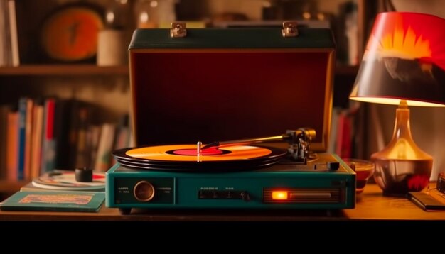 Un tourne-disque avec une étiquette rouge qui dit "le disque" dessus