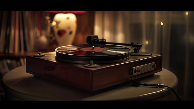 Photo le tourne-disque rétro avec un disque rouge est assis sur une table dans une pièce faiblement éclairée.