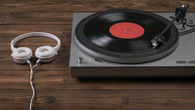 Un tourne-disque vinyle et un casque sur une table en bois sombre