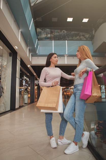 Tourné sur toute la longueur verticale de deux amies transportant des sacs à provisions