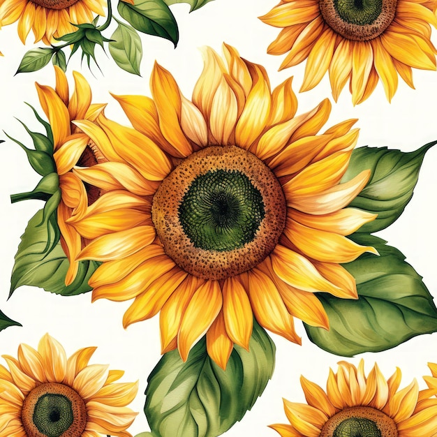 Tournesol aquarelle avec des feuilles à motif sans couture