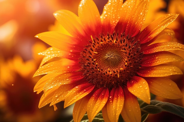 Un tournesol avec un centre rouge et orange et le centre est couvert de rosée.