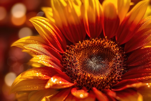 Un tournesol avec un centre rouge et des pétales jaunes.