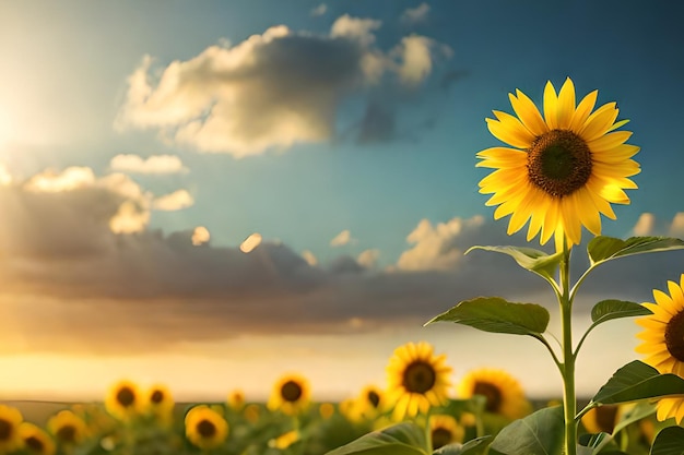 Un tournesol dans un champ avec un ciel nuageux