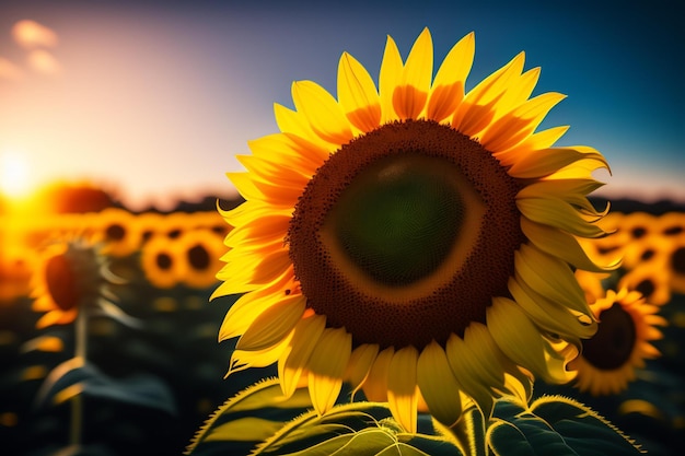 Un tournesol dans un champ de tournesols est éclairé par le soleil